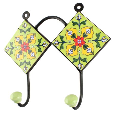 Pea Green Floral Ceramic Tile Hook